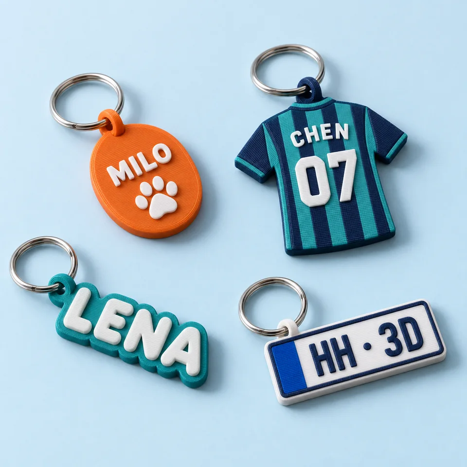 AI-generated design ideas: jersey, pet tag, name keyring and number plate in Printchen colours