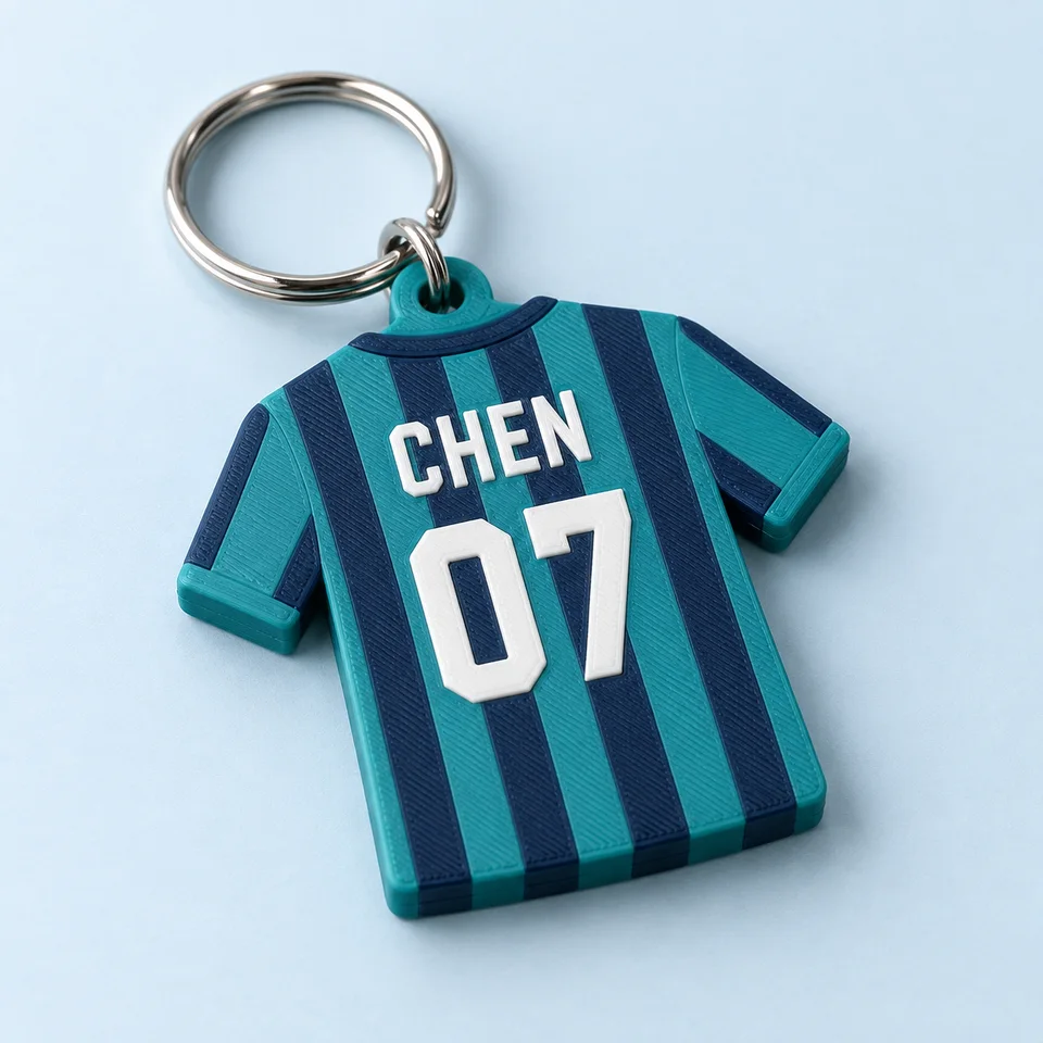 KI-generierte Designillustration: Türkisblauer Trikot-Schlüsselanhänger mit Streifen, CHEN und der Nummer 07
