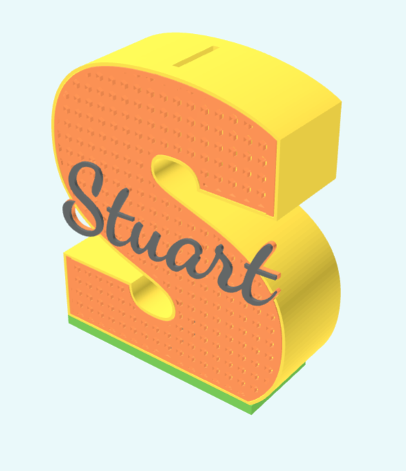 3D-Vorschau einer gelben S-Spardose mit orangefarbener Musterfront und dem Namen Stuart