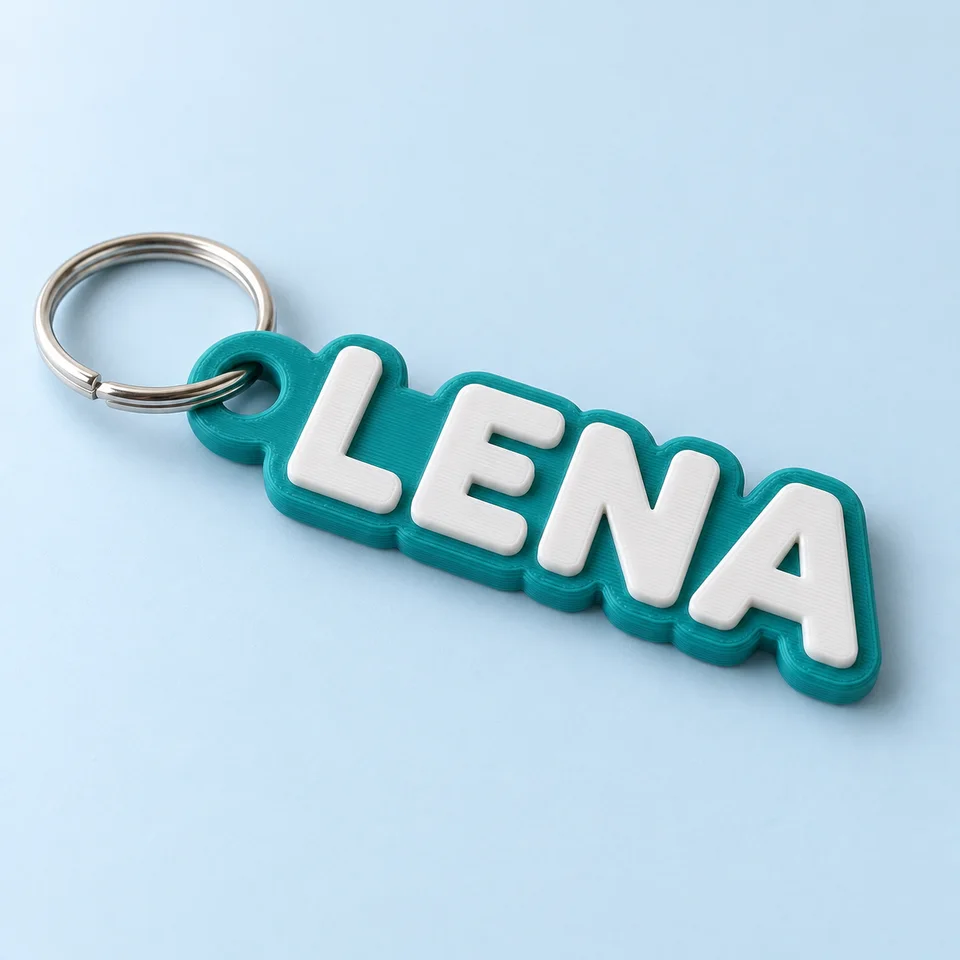 AI-generated design illustration: Turquoise name keyring with white LENA lettering